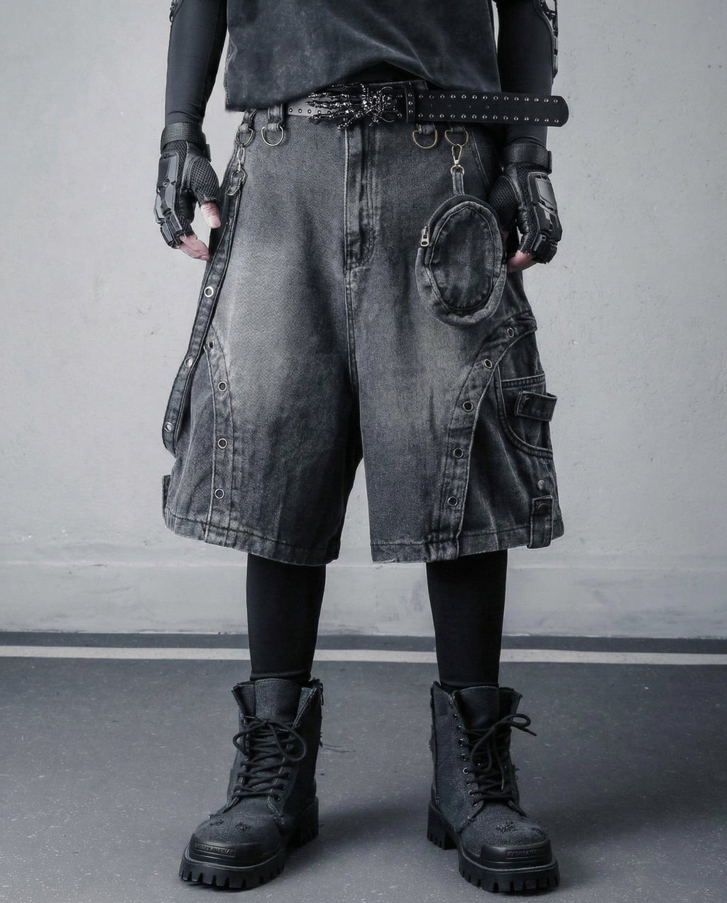 Cyberpunk Techwear Distressed Denim Cargo Shorts