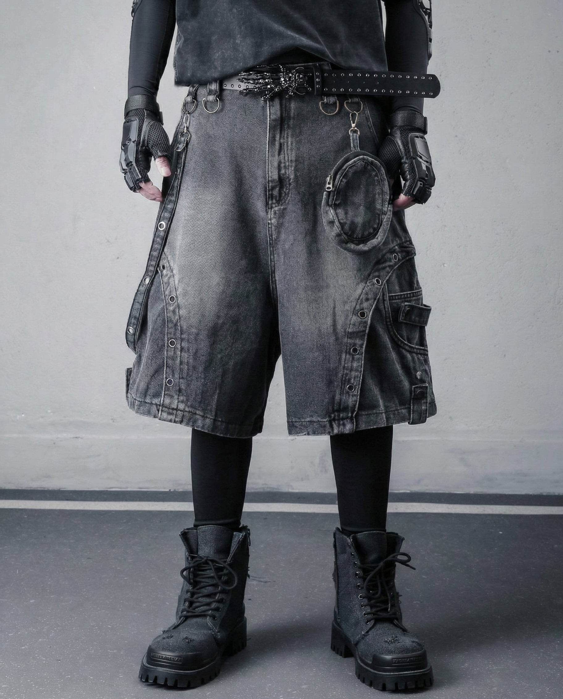 Cyberpunk Techwear Distressed Denim Cargo Shorts