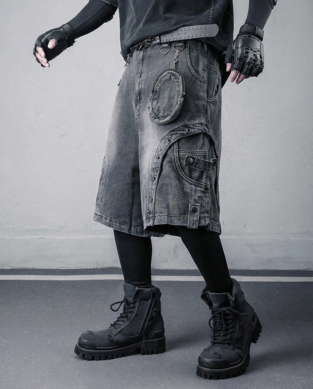 Cyberpunk Techwear Distressed Denim Cargo Shorts