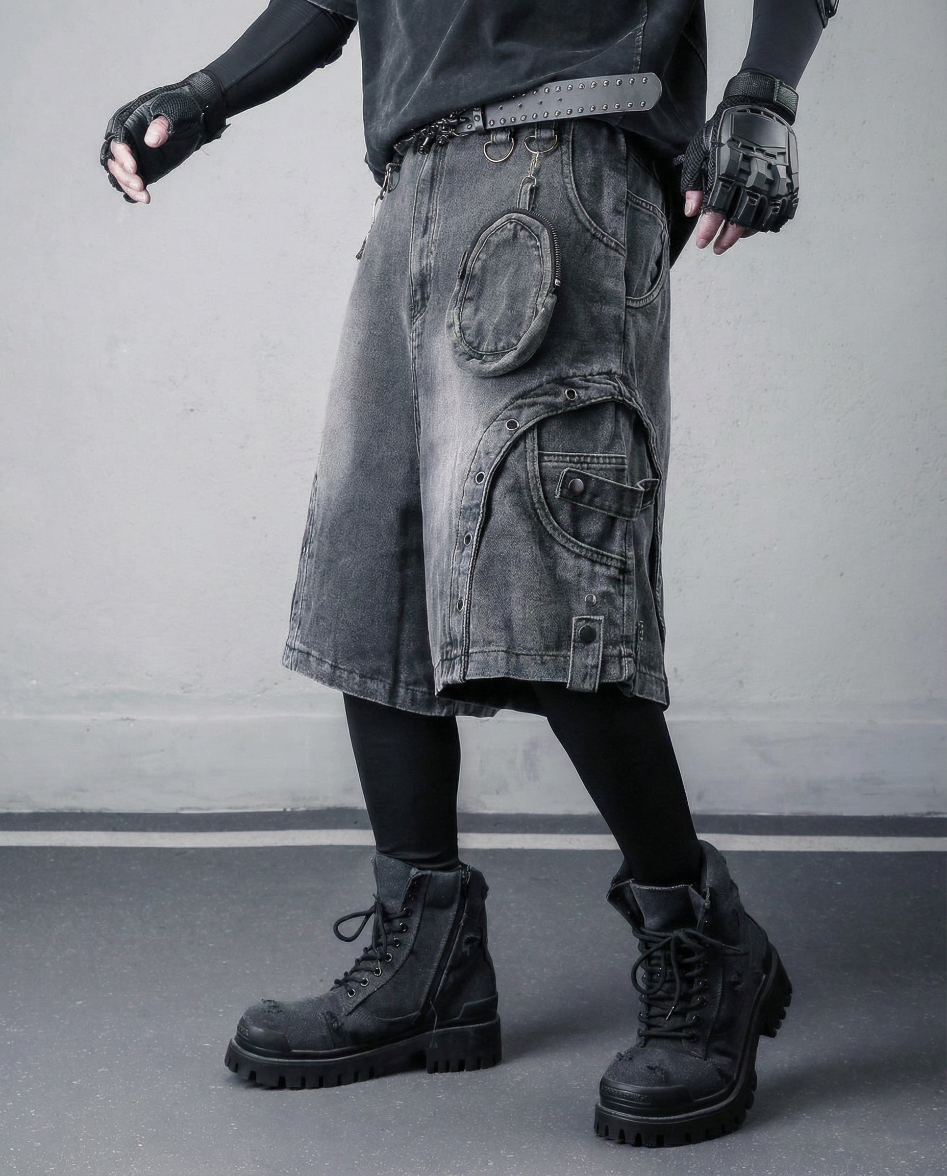 Cyberpunk Techwear Distressed Denim Cargo Shorts