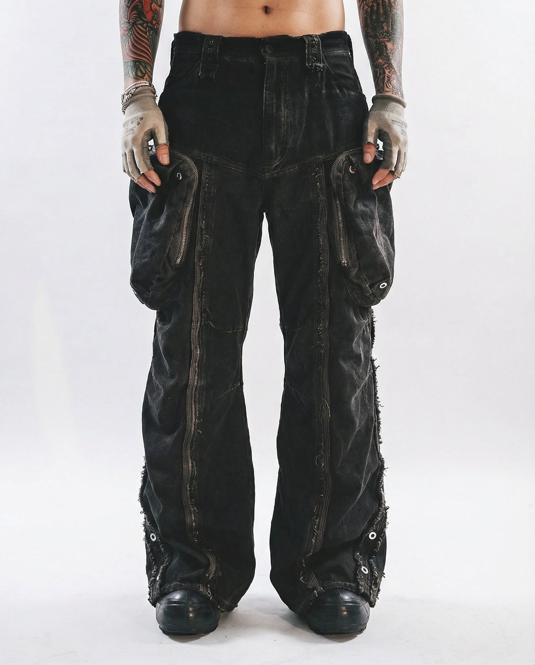 Wasteland Streetwear Distressed Cotton Wide Leg Cargo Pants