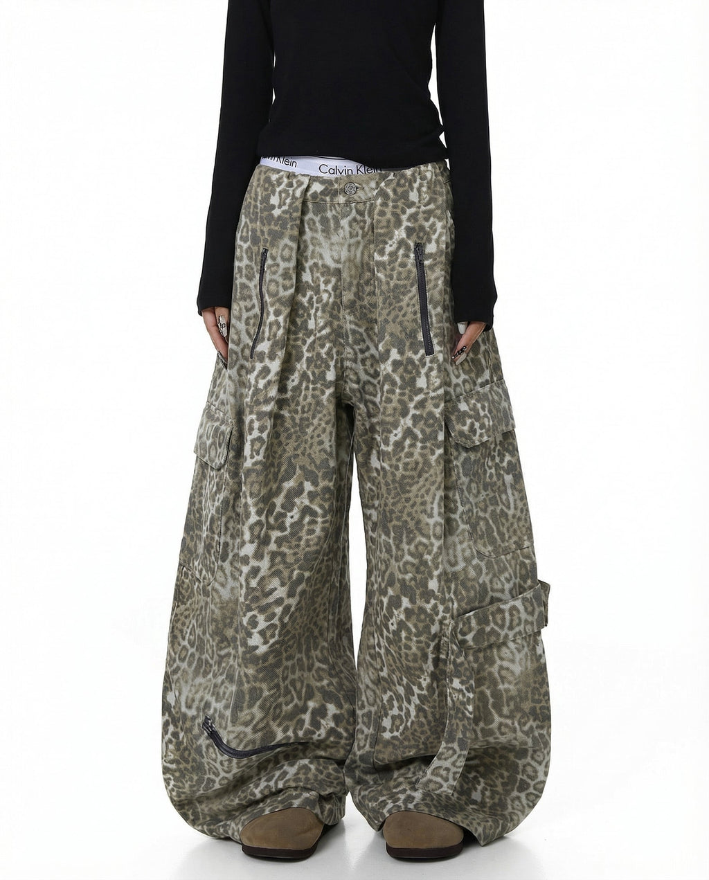 Multi Pockets Zip Leopard Unisex Baggy Cargo Jeans