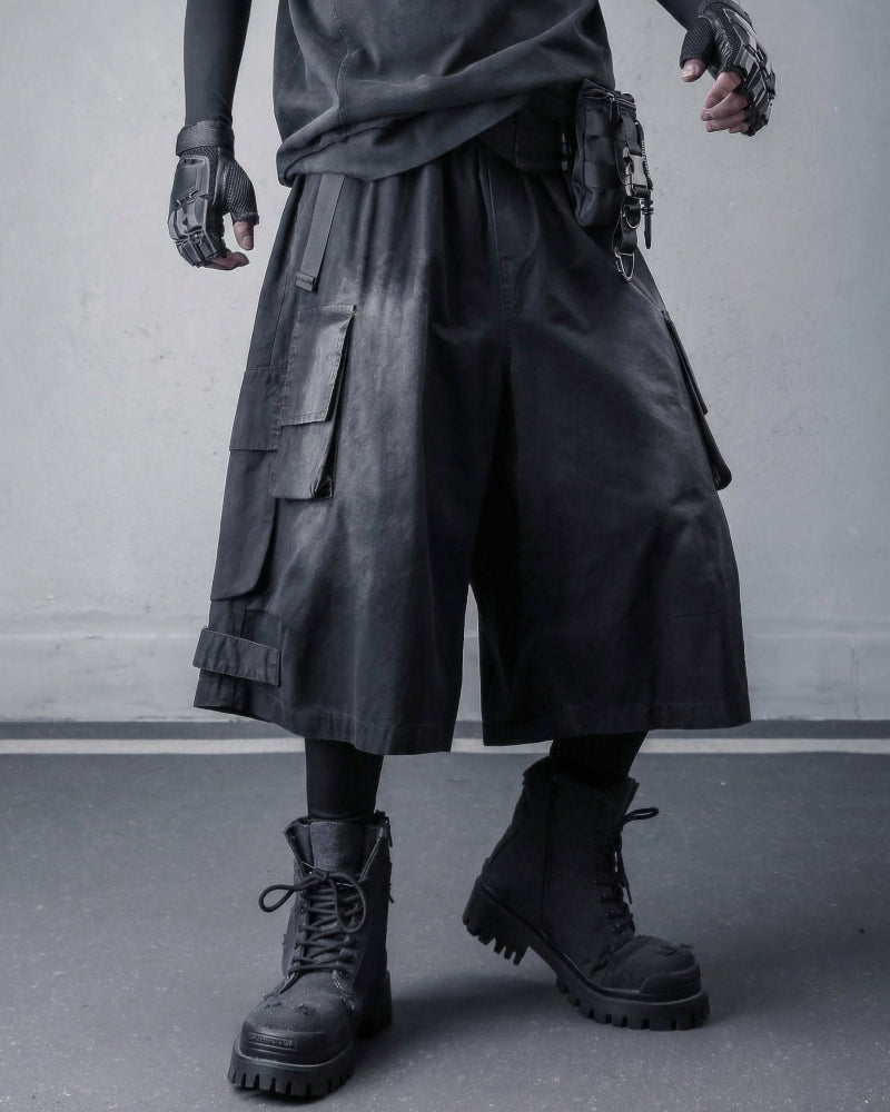 Techwear Distressed Wide-Leg Cargo Shorts