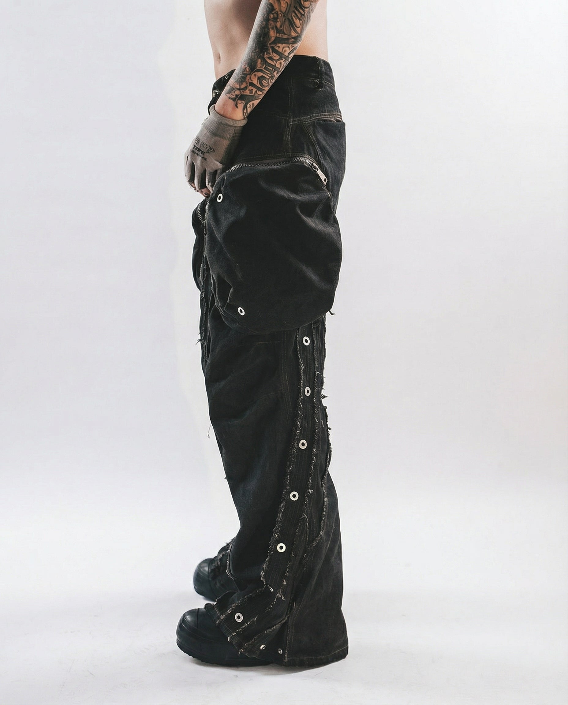Wasteland Streetwear Distressed Cotton Wide Leg Cargo Pants