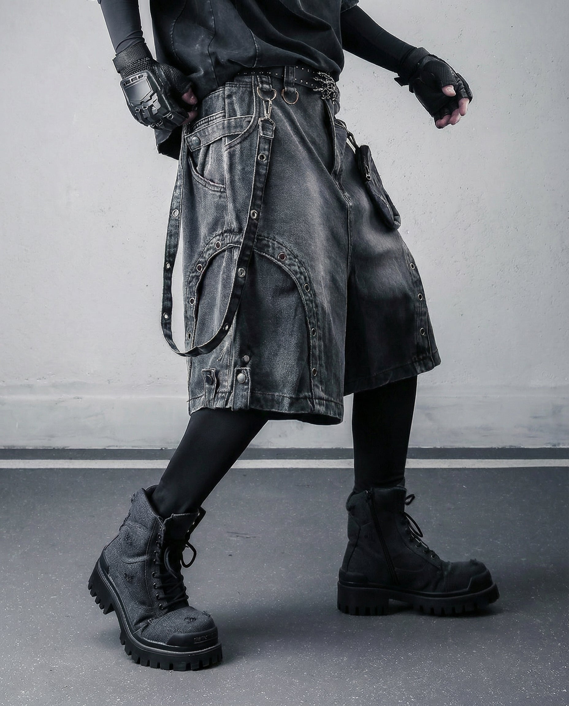 Cyberpunk Techwear Distressed Denim Cargo Shorts