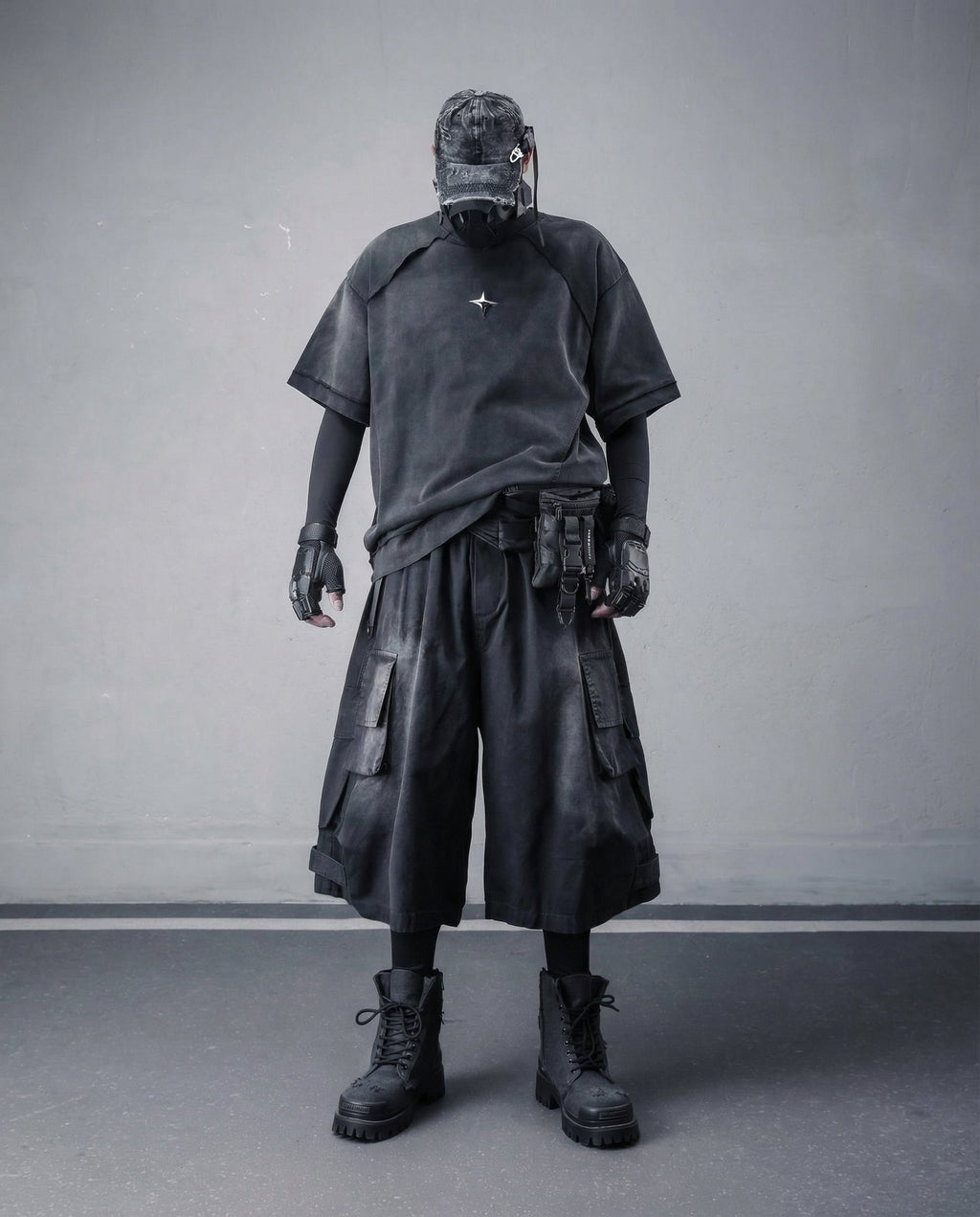 Techwear Distressed Wide-Leg Cargo Shorts