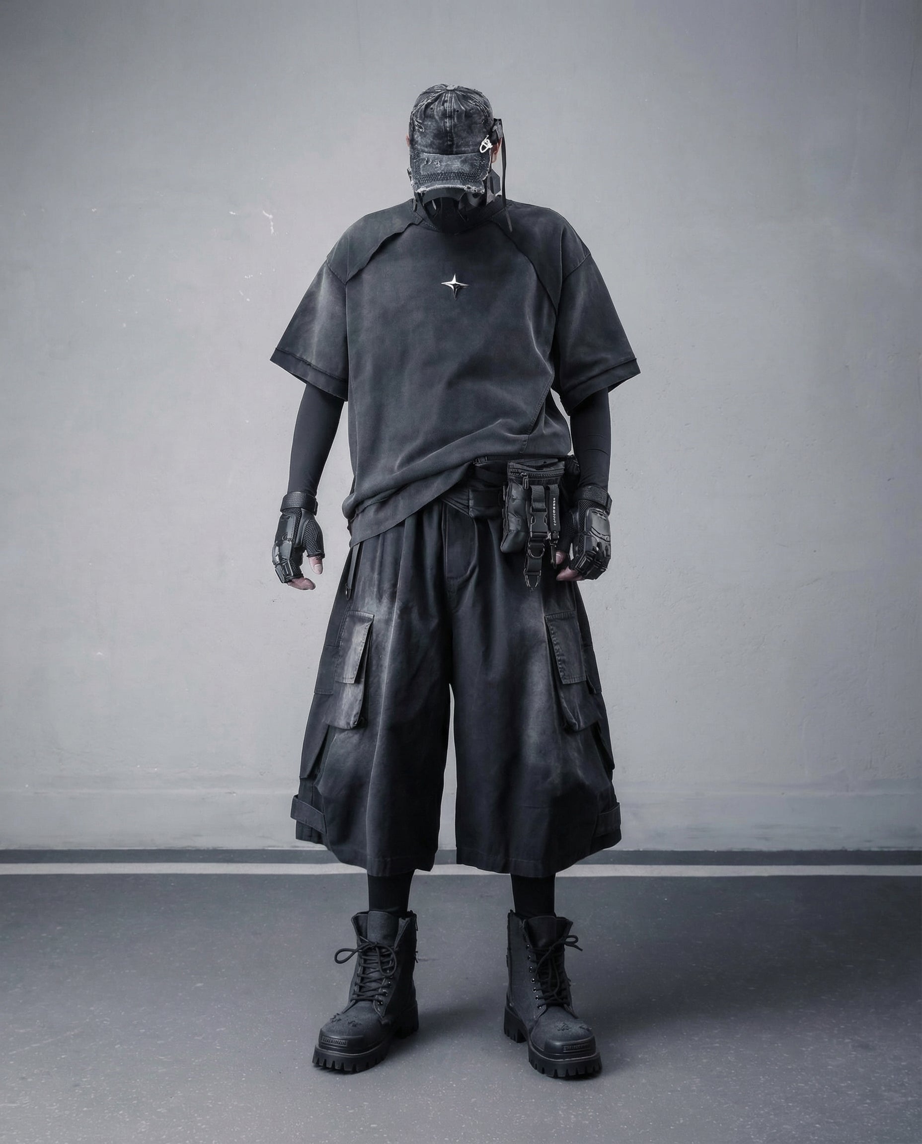 Techwear Distressed Wide-Leg Cargo Shorts