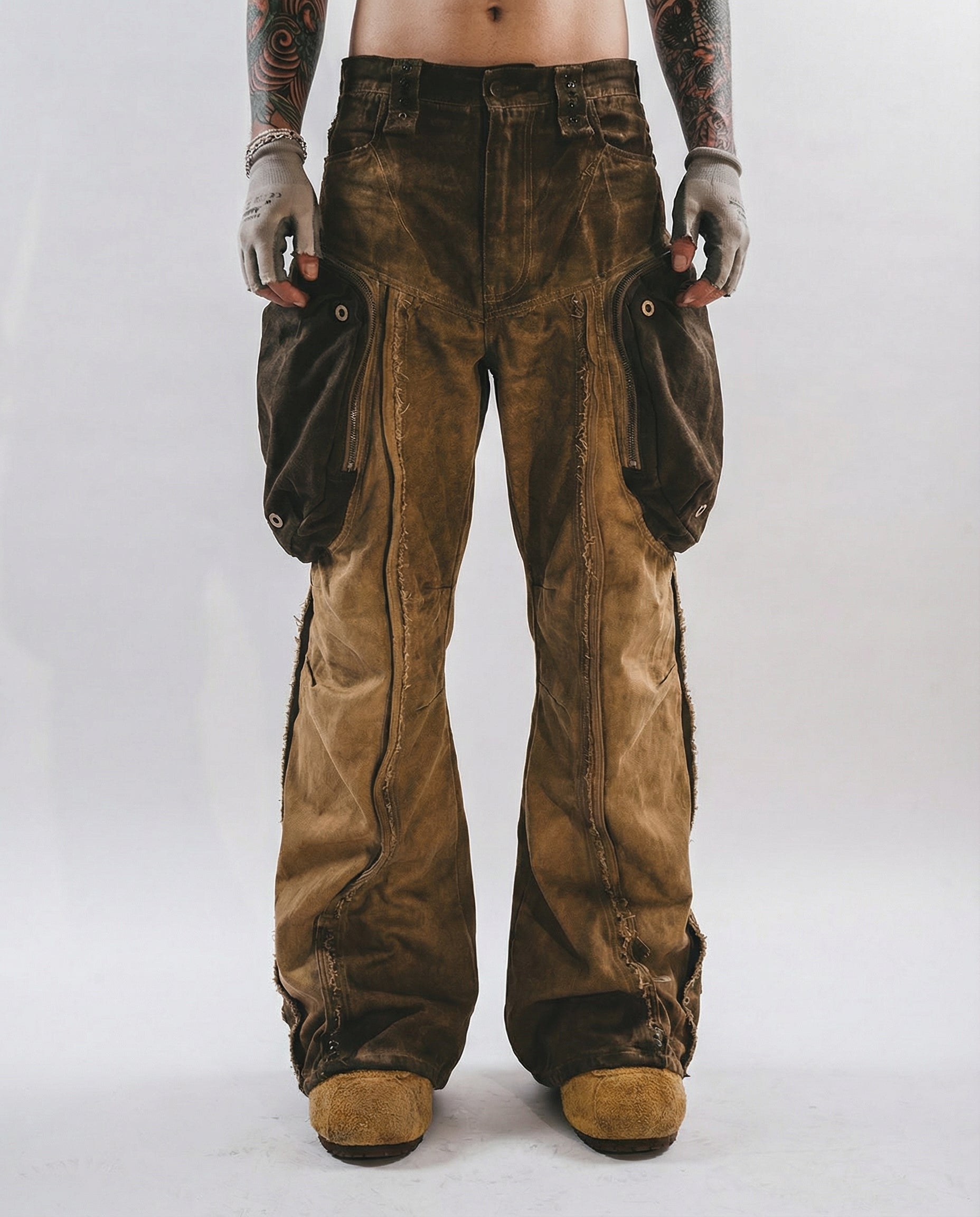 Wasteland Streetwear Distressed Cotton Wide Leg Cargo Pants