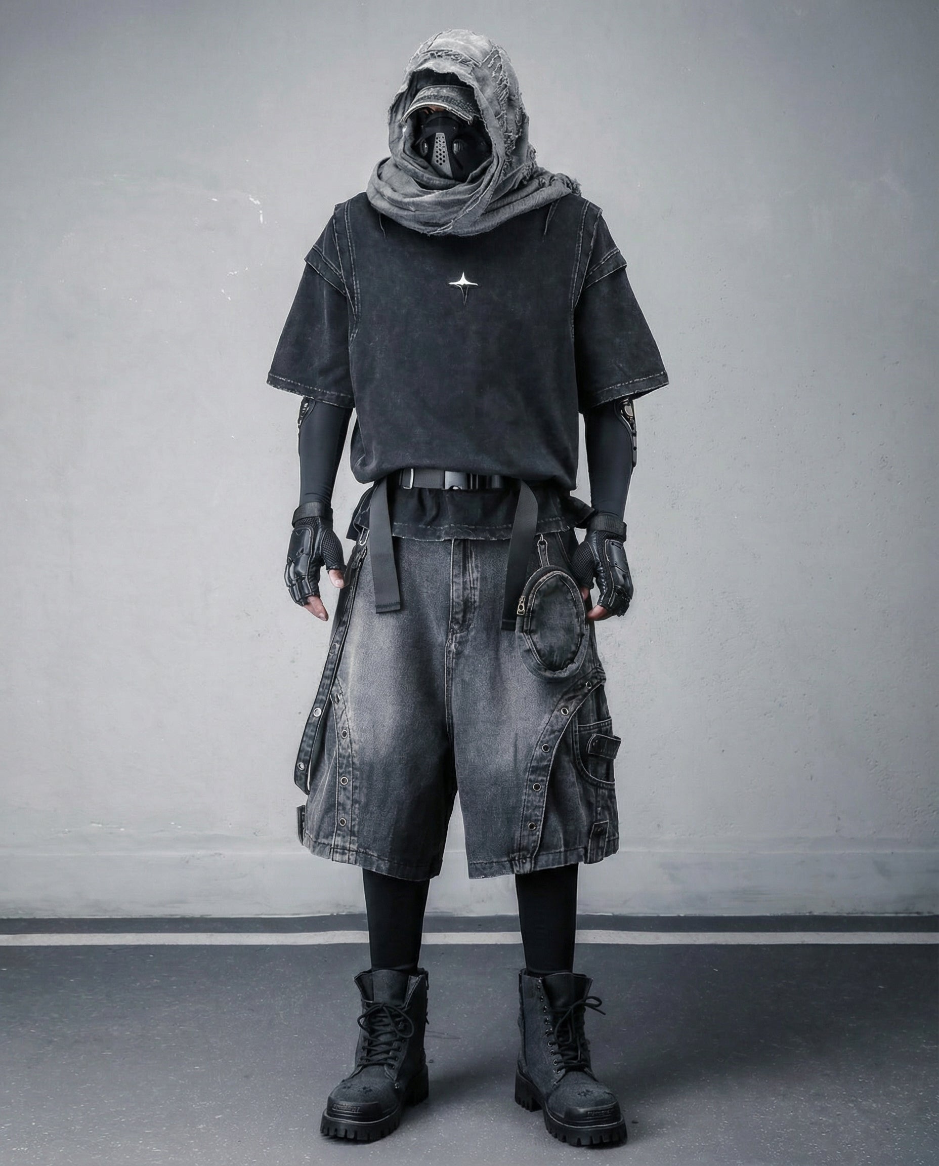 Cyberpunk Techwear Distressed Denim Cargo Shorts