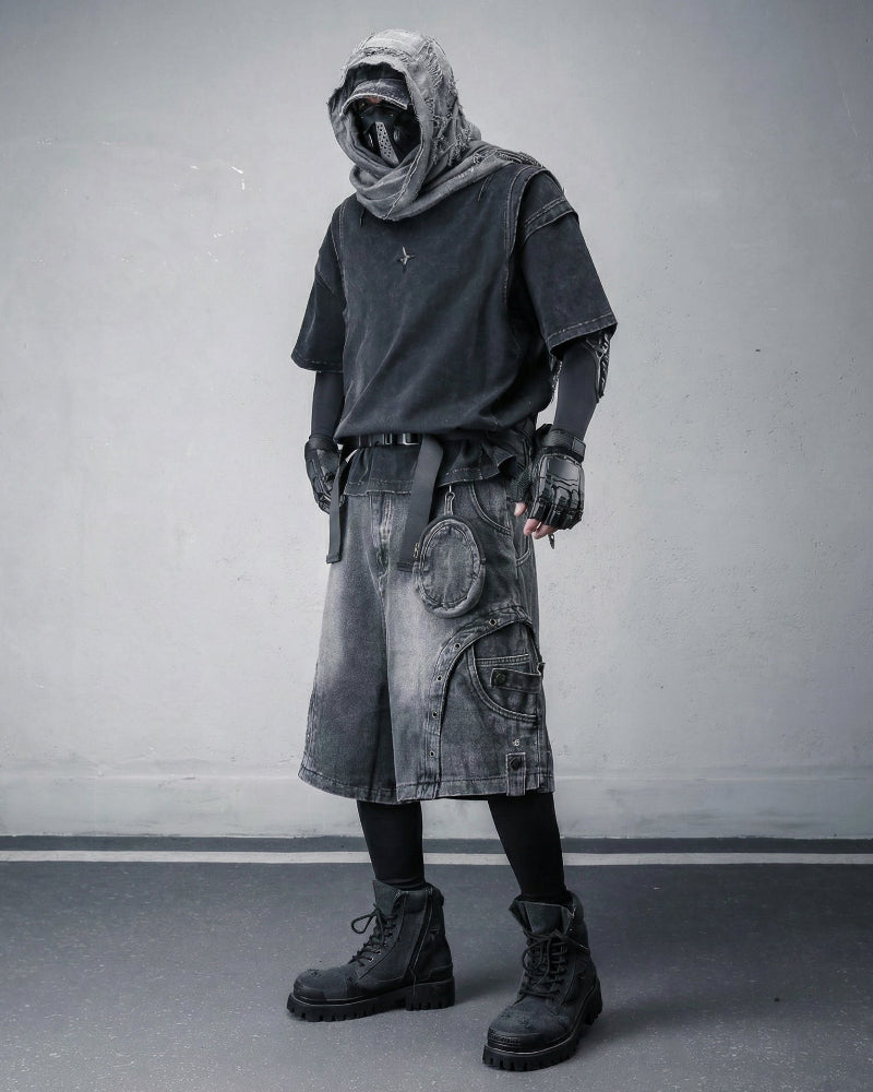 Cyberpunk Techwear Distressed Denim Cargo Shorts