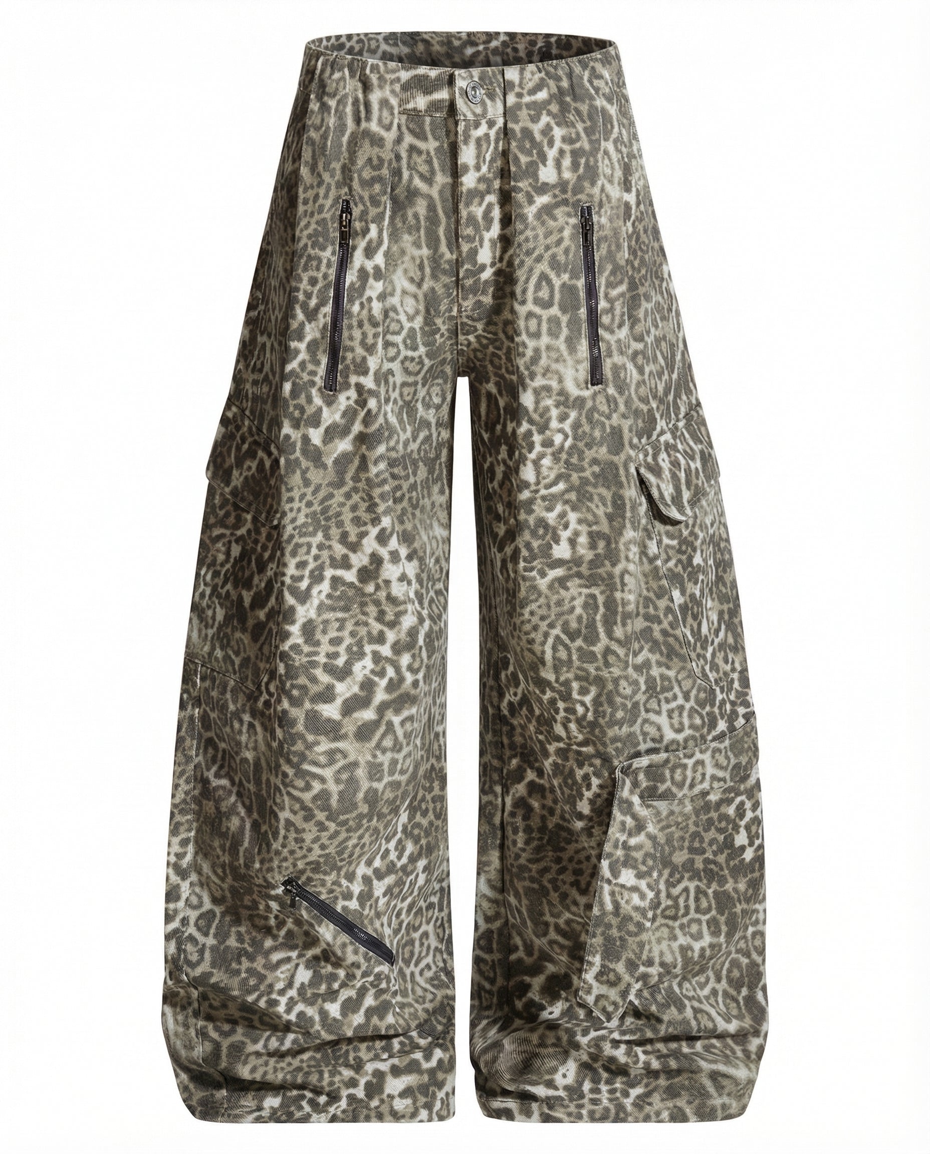Multi Pockets Zip Leopard Unisex Baggy Cargo Jeans