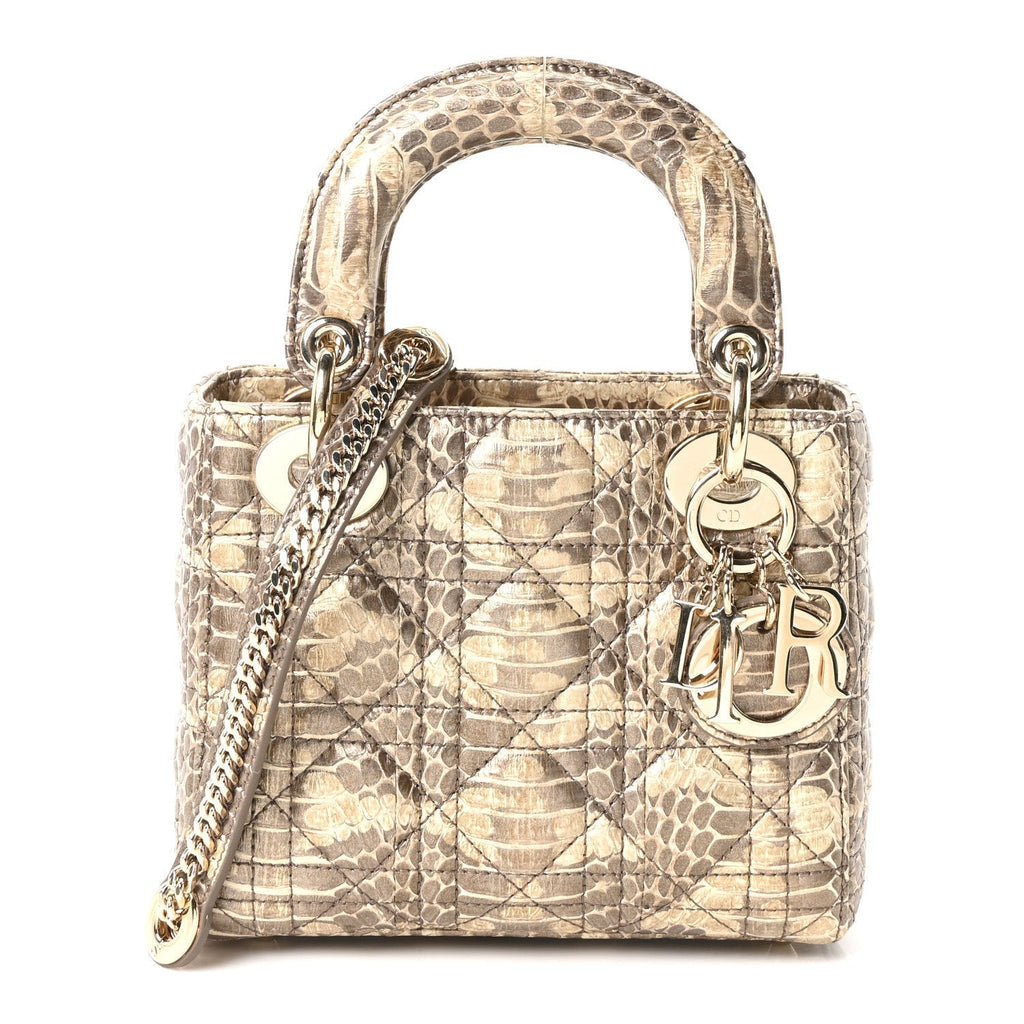 Metallic Snakeskin Cannage Mini Lady Dior Beige