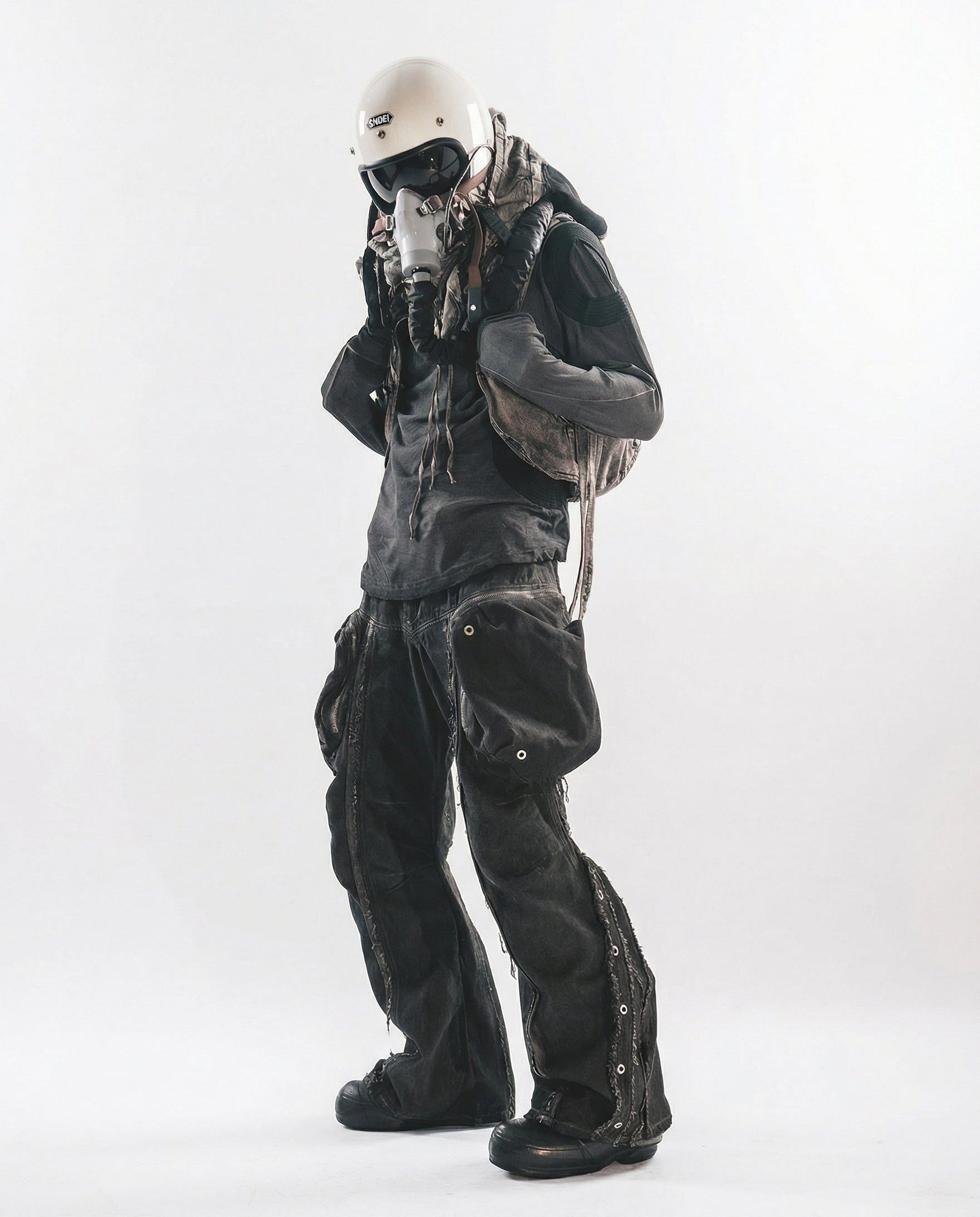 Wasteland Streetwear Distressed Cotton Wide Leg Cargo Pants