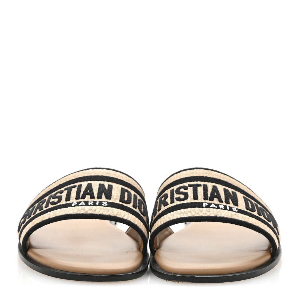 Straw Embroidered Dway Flat Slide Sandals 41 Natural Black