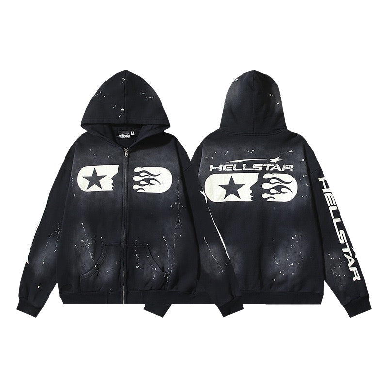 HELLSTAR Distressed Flame Zip Hoodie Black