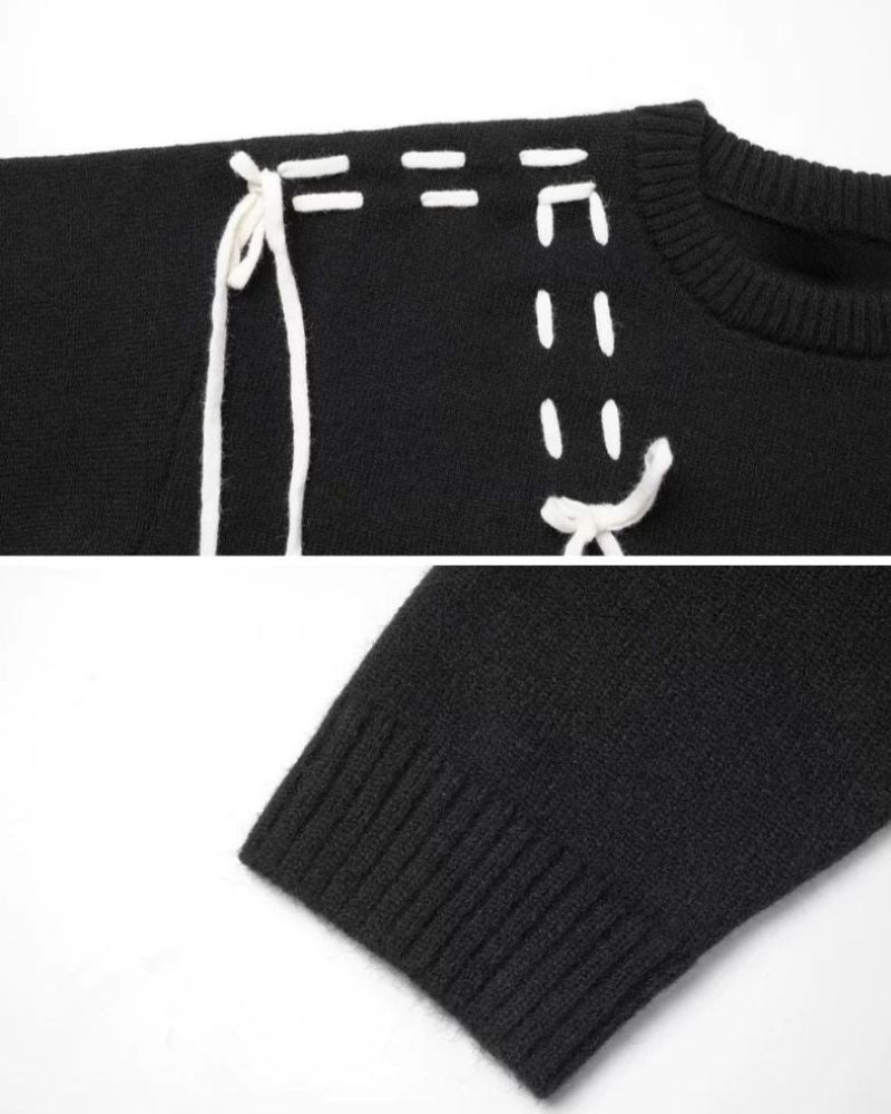 Color Block Drawstring Round Neck Lover Sweater