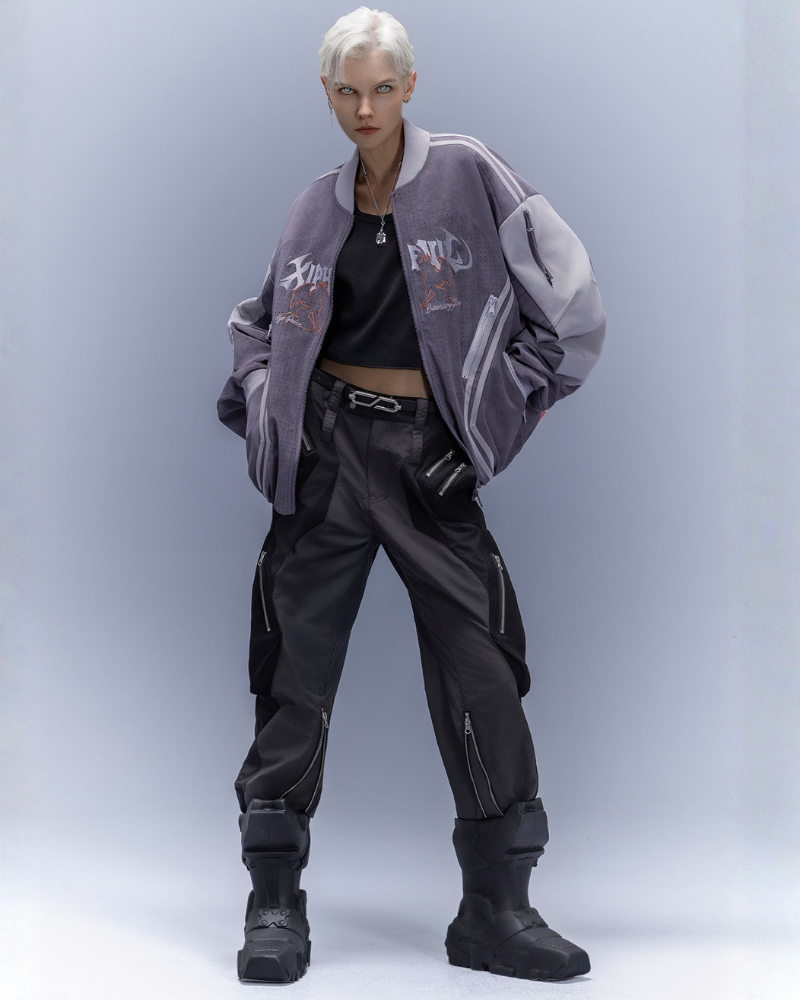 XIPHEVIL Cyberpunk Outfits Embroidered Suede Cropped Jacket