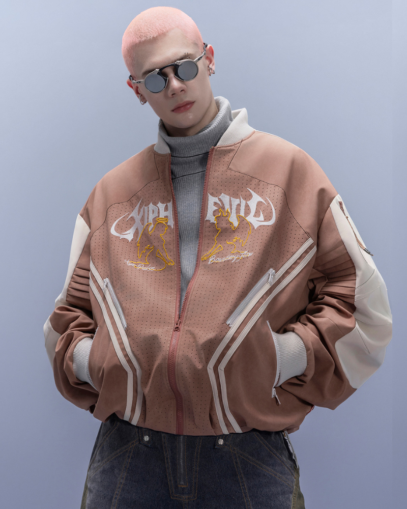 XIPHEVIL Cyberpunk Outfits Embroidered Suede Cropped Jacket