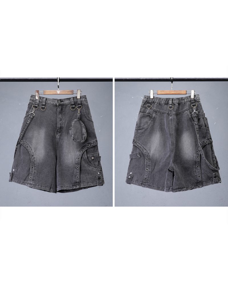 Cyberpunk Techwear Distressed Denim Cargo Shorts