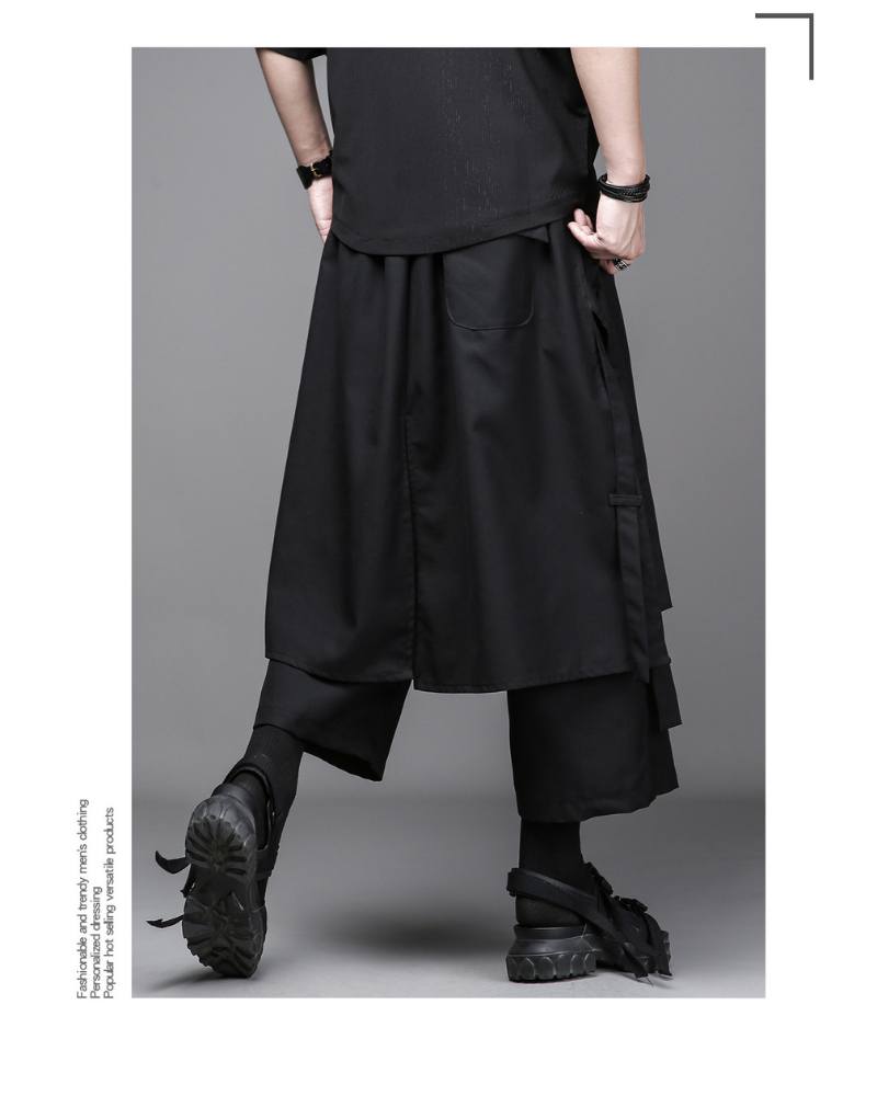 Dark Modern Japanese Loose Faux-Layer Hakama Pants