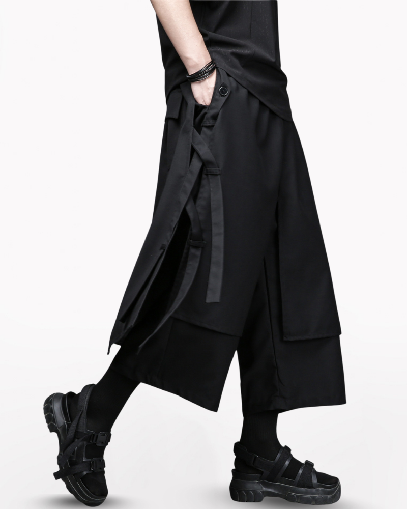 Dark Modern Japanese Loose Faux-Layer Hakama Pants