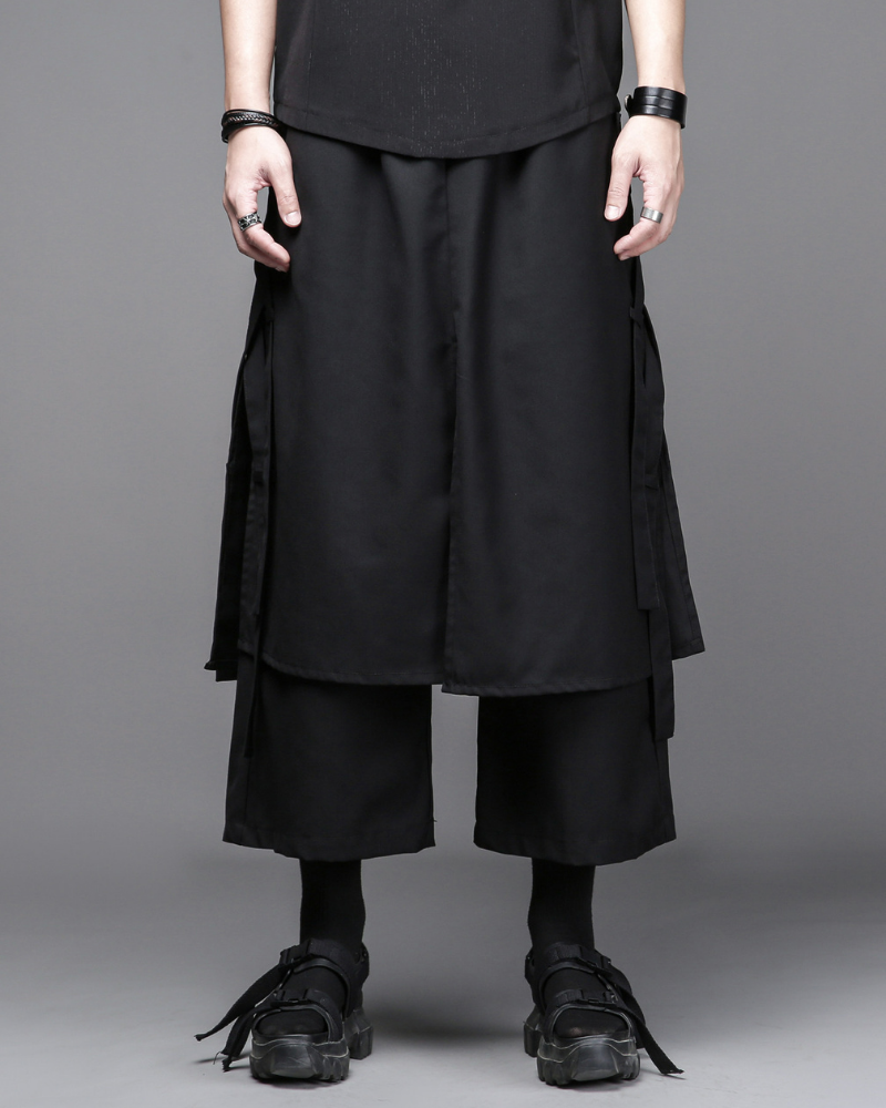 Dark Modern Japanese Loose Faux-Layer Hakama Pants