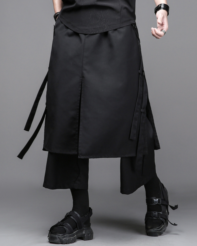 Dark Modern Japanese Loose Faux-Layer Hakama Pants