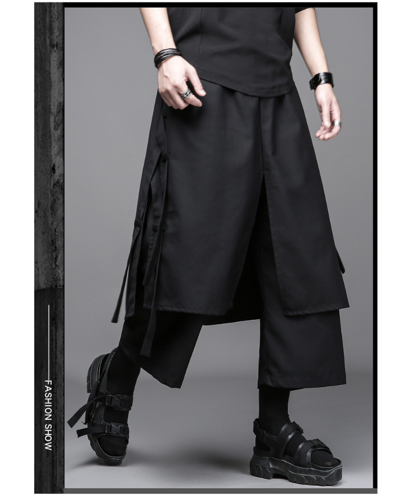 Dark Modern Japanese Loose Faux-Layer Hakama Pants