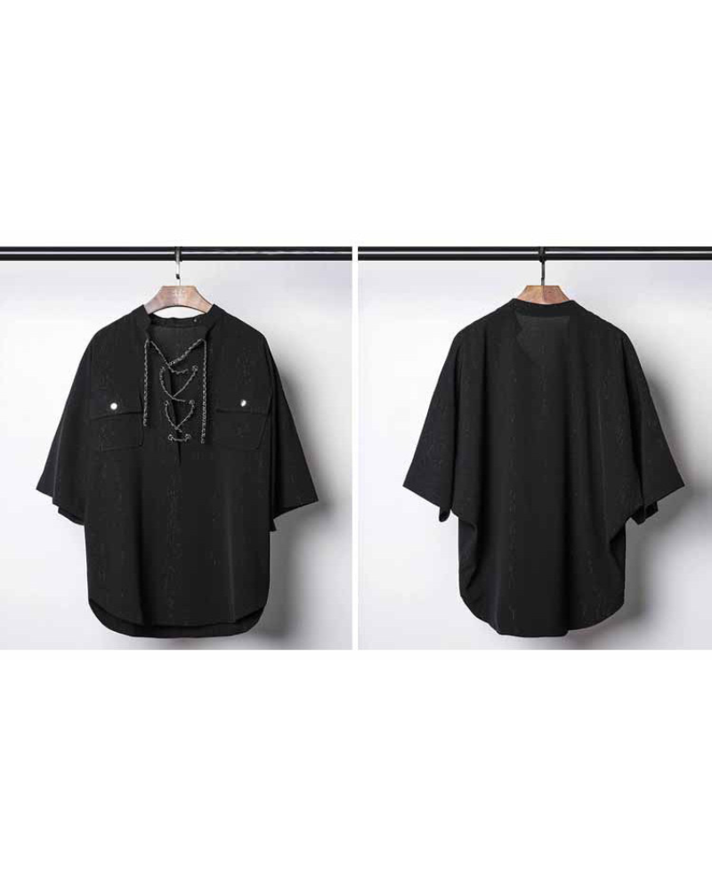 Darkwear Chain Lace-Up Textured Short Sleeve Shirt