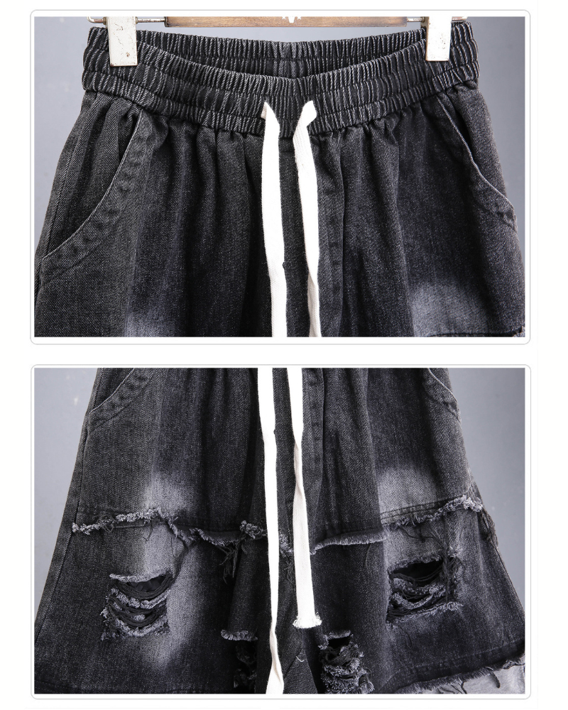 High-Street Wasteland Ripped Hem Washed Denim Shorts