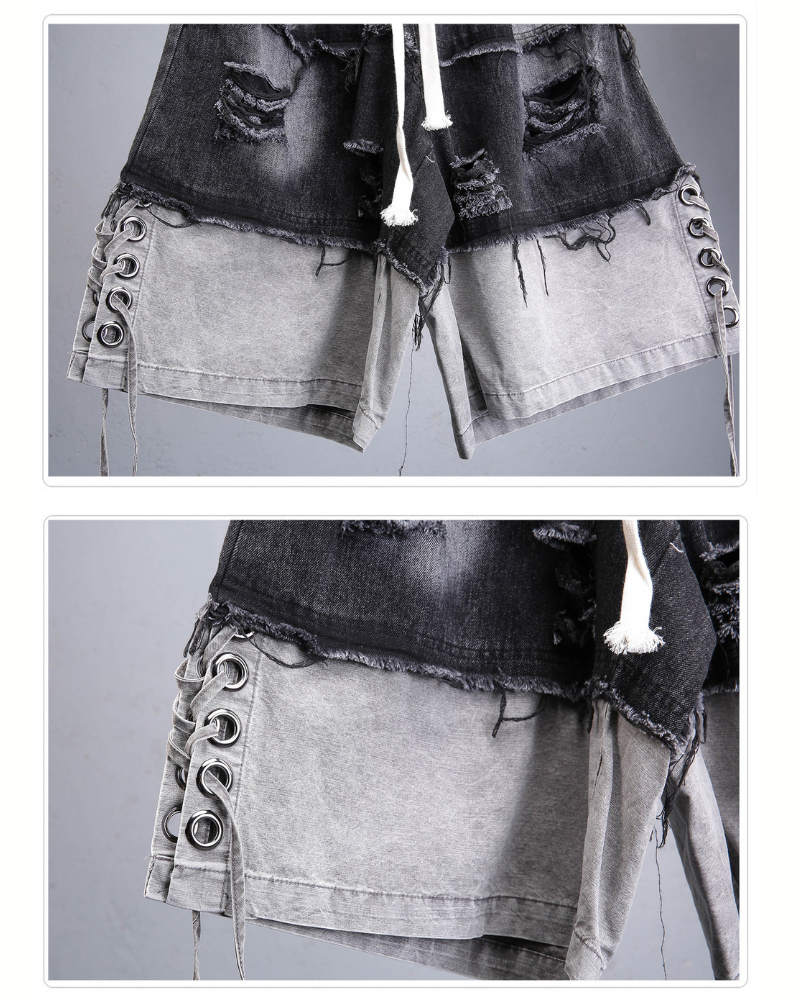 High-Street Wasteland Ripped Hem Washed Denim Shorts