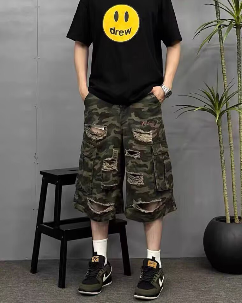 High Street Men's Denim Look Distressed Camo Cargo Shorts