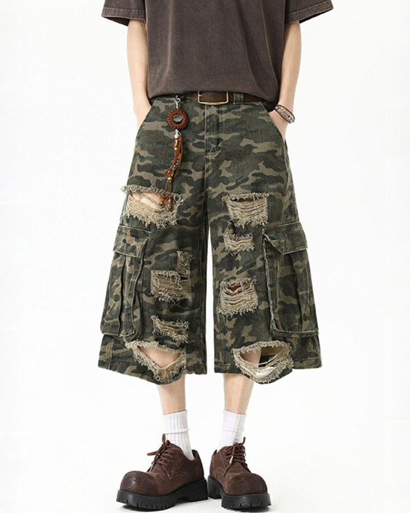 High Street Men's Denim Look Distressed Camo Cargo Shorts