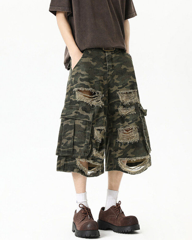 High Street Men's Denim Look Distressed Camo Cargo Shorts