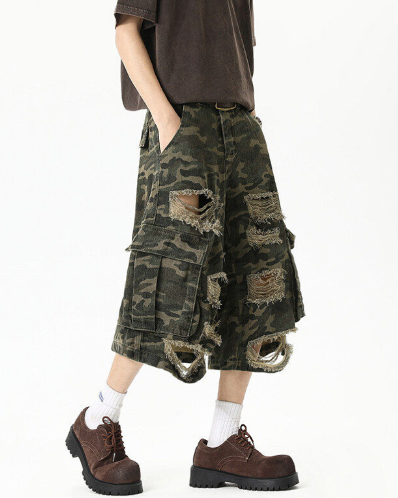 High Street Men's Denim Look Distressed Camo Cargo Shorts