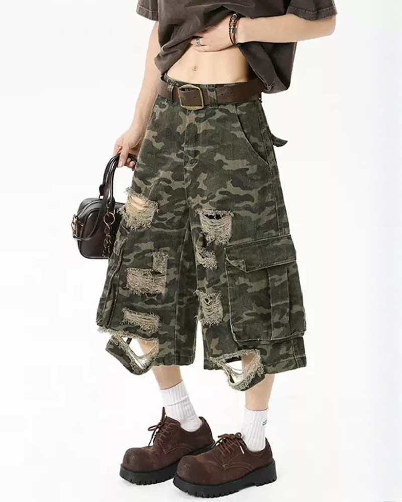 High Street Men's Denim Look Distressed Camo Cargo Shorts