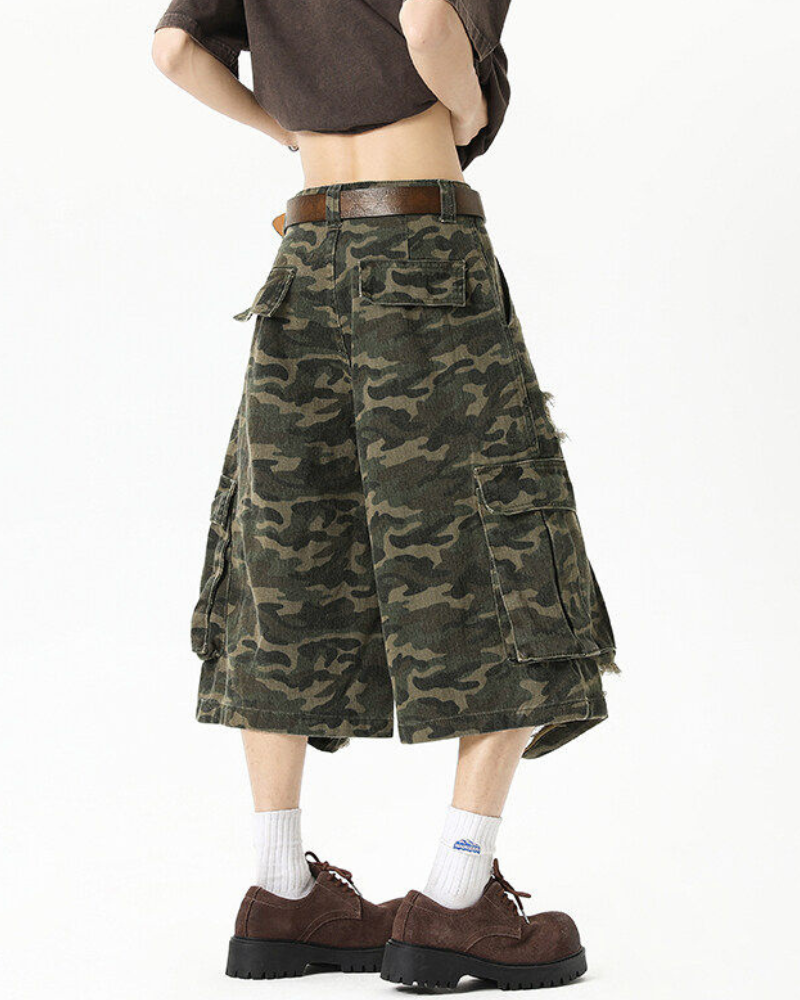 High Street Men's Denim Look Distressed Camo Cargo Shorts