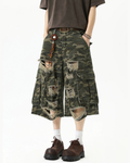 High Street Men's Denim Look Distressed Camo Cargo Shorts