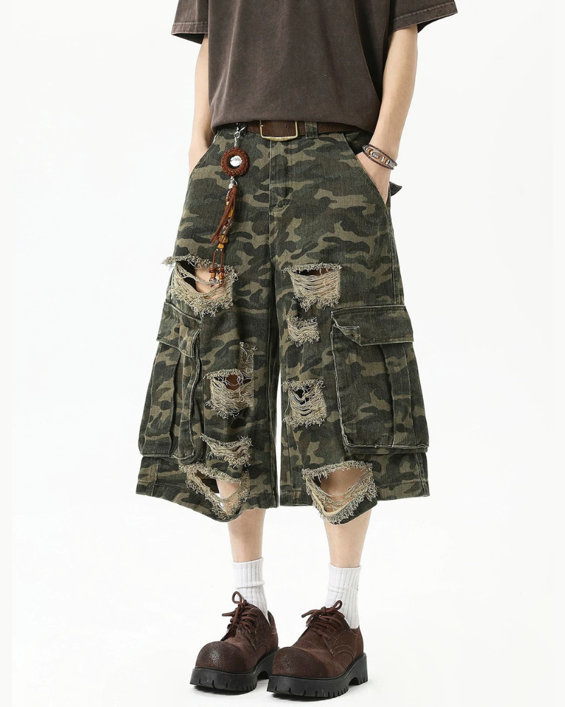 High Street Men's Denim Look Distressed Camo Cargo Shorts