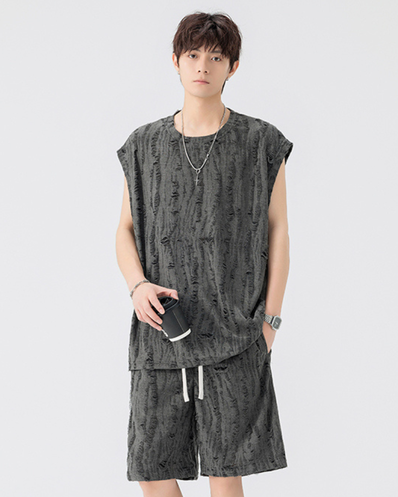 Men's Summer Hollow Hole Sleeveless T-Shirt & Shorts Set
