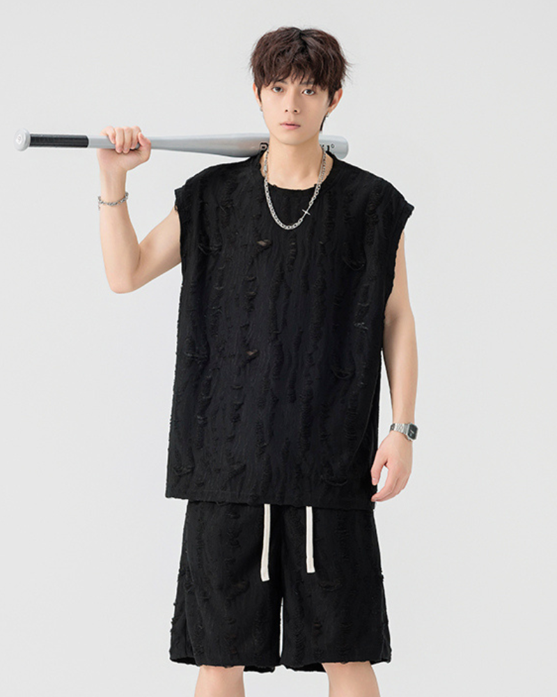 Men's Summer Hollow Hole Sleeveless T-Shirt & Shorts Set