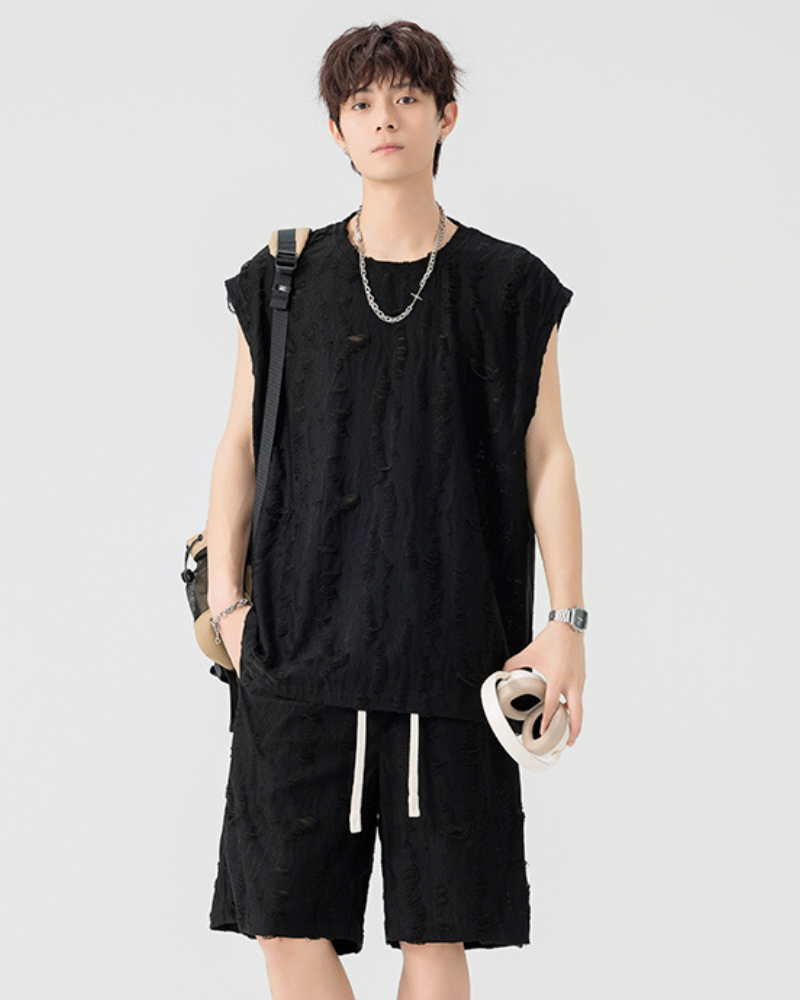 Men's Summer Hollow Hole Sleeveless T-Shirt & Shorts Set