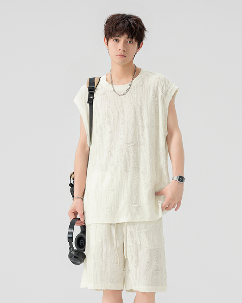 Men's Summer Hollow Hole Sleeveless T-Shirt & Shorts Set
