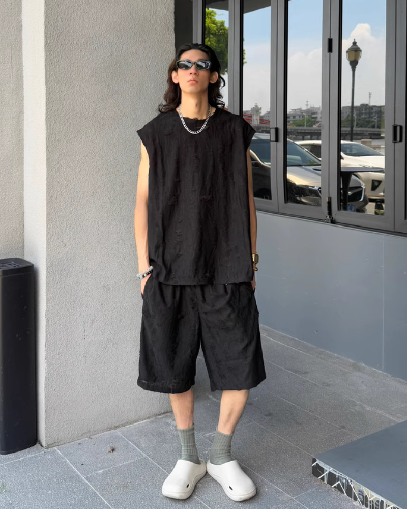 Men's Summer Hollow Hole Sleeveless T-Shirt & Shorts Set