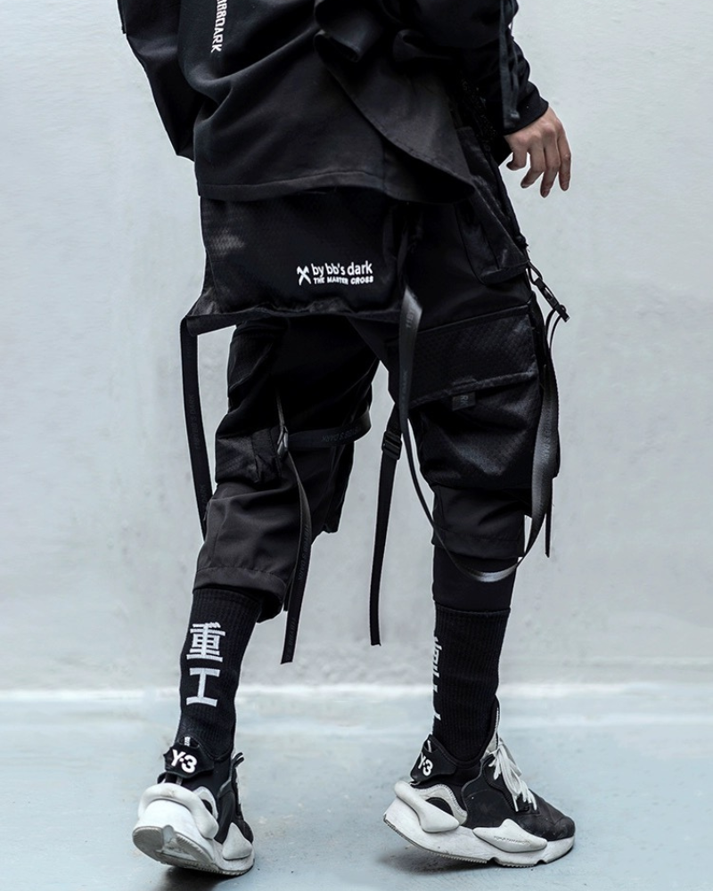 Ninja Techwear Black Multi-Pocket Ribbon Cargo Pants