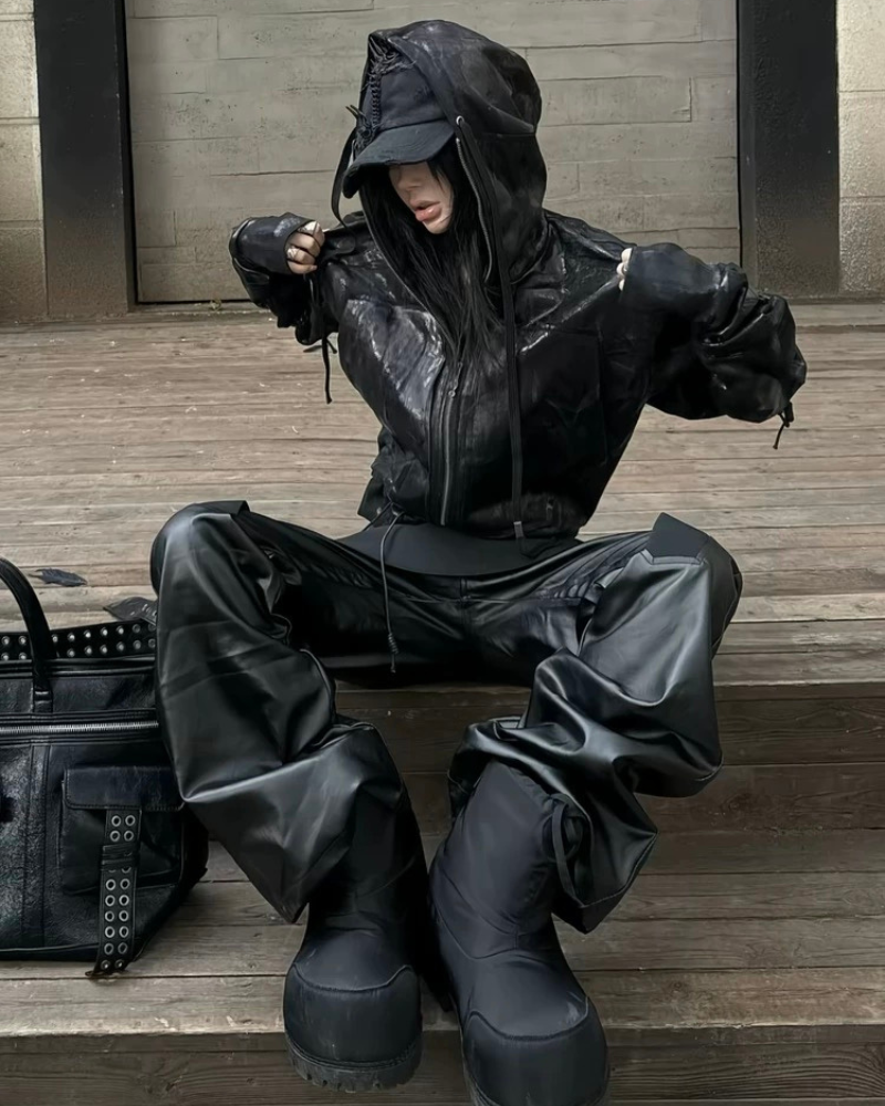 Opium Style Dark Waxed Metal–Effect Hooded Jacket