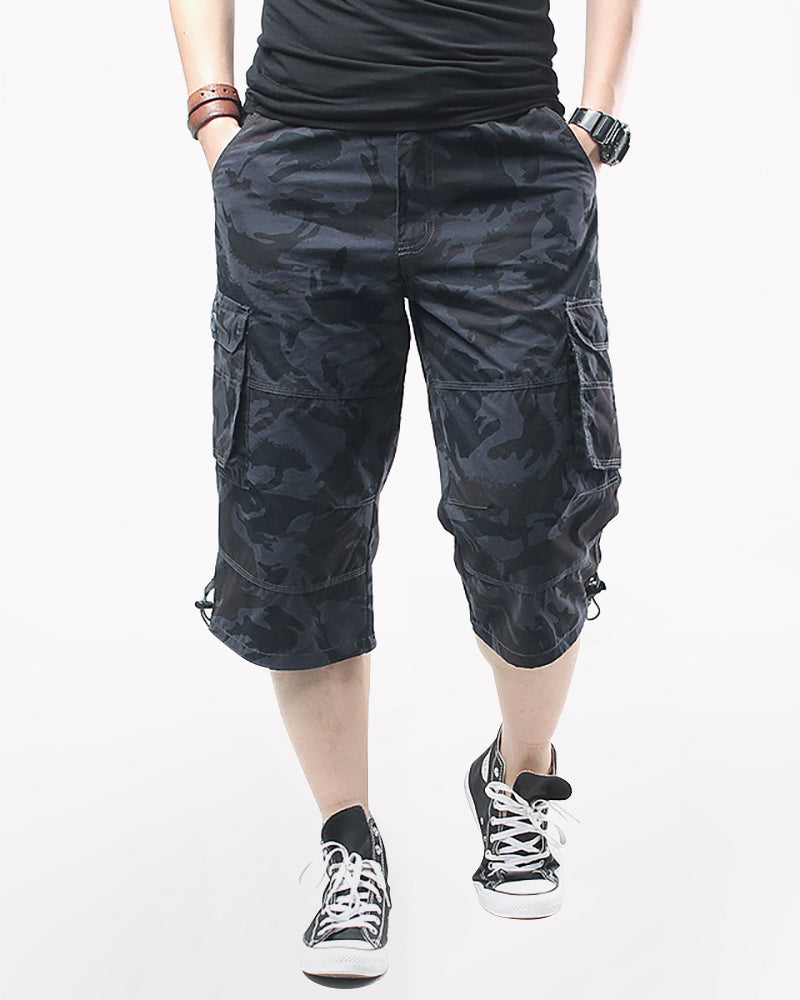 Black Oversize Long Camo Cargo Shorts