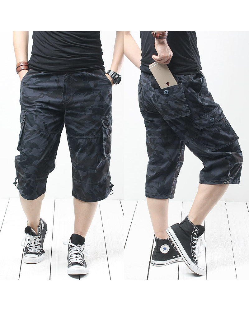 Black Oversize Long Camo Cargo Shorts