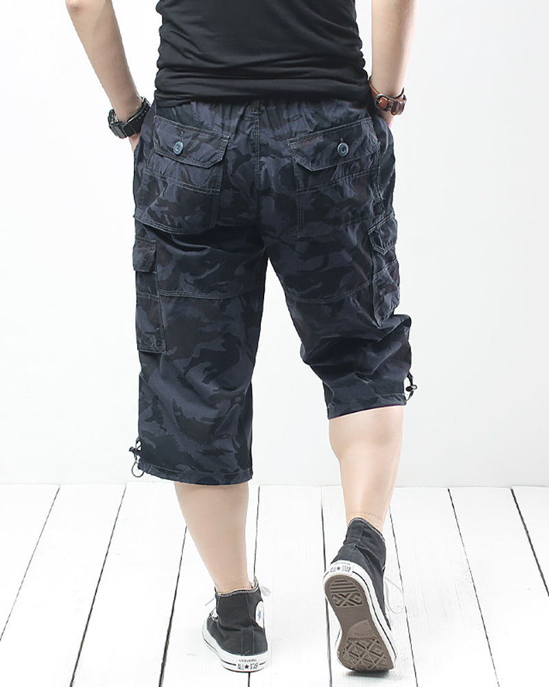Black Oversize Long Camo Cargo Shorts