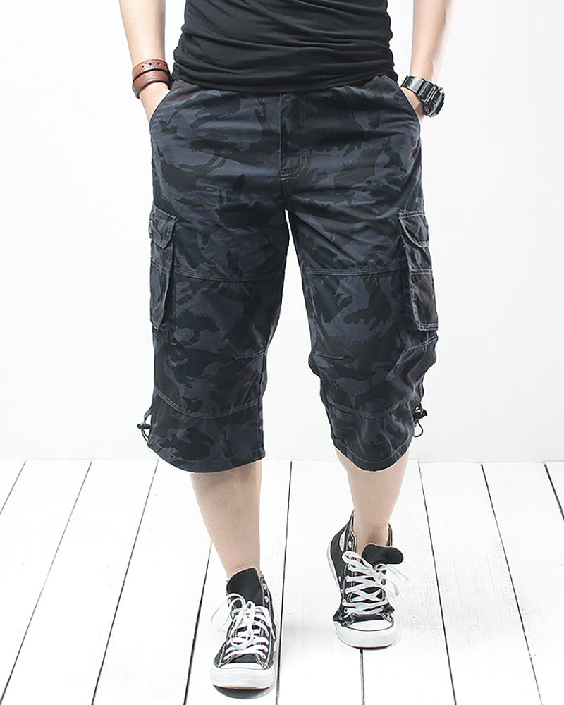 Black Oversize Long Camo Cargo Shorts